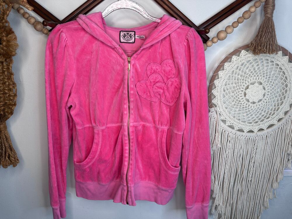 Vintage Y2K Juicy Couture Pink Velour Velvet Heart Pocket Hoodie